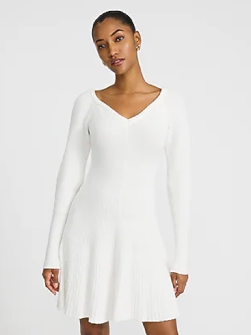 Express White V‑Neck Ribbed Long Sleeve A‑Line Dress